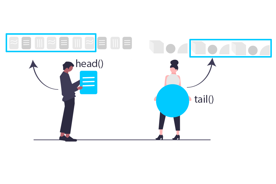 The head and tail functions in R to print the first or last elements or rows of a vector or data frame