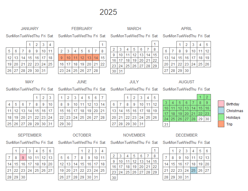 Yearly calendar with several events in R