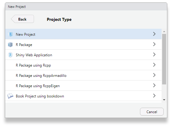 Select the New Project option to create a new project in R